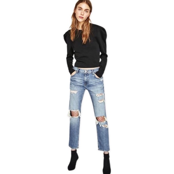 Zara Distressed Mid Rise Premium Boyfriend Jeans - Picture 4 of 7